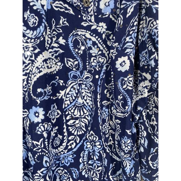Emily Daniels Top 2X Blue Paisley Slinky Knit Travel Button Up Coastal Mature - Picture 9 of 13